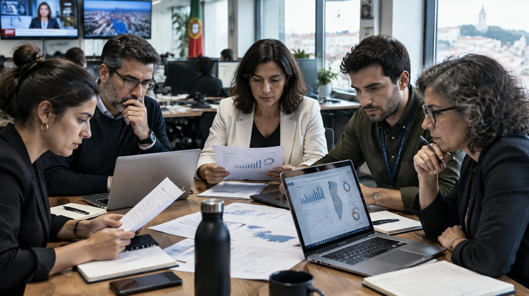 Journalists reviewing documents and data on screens in a newsroom
