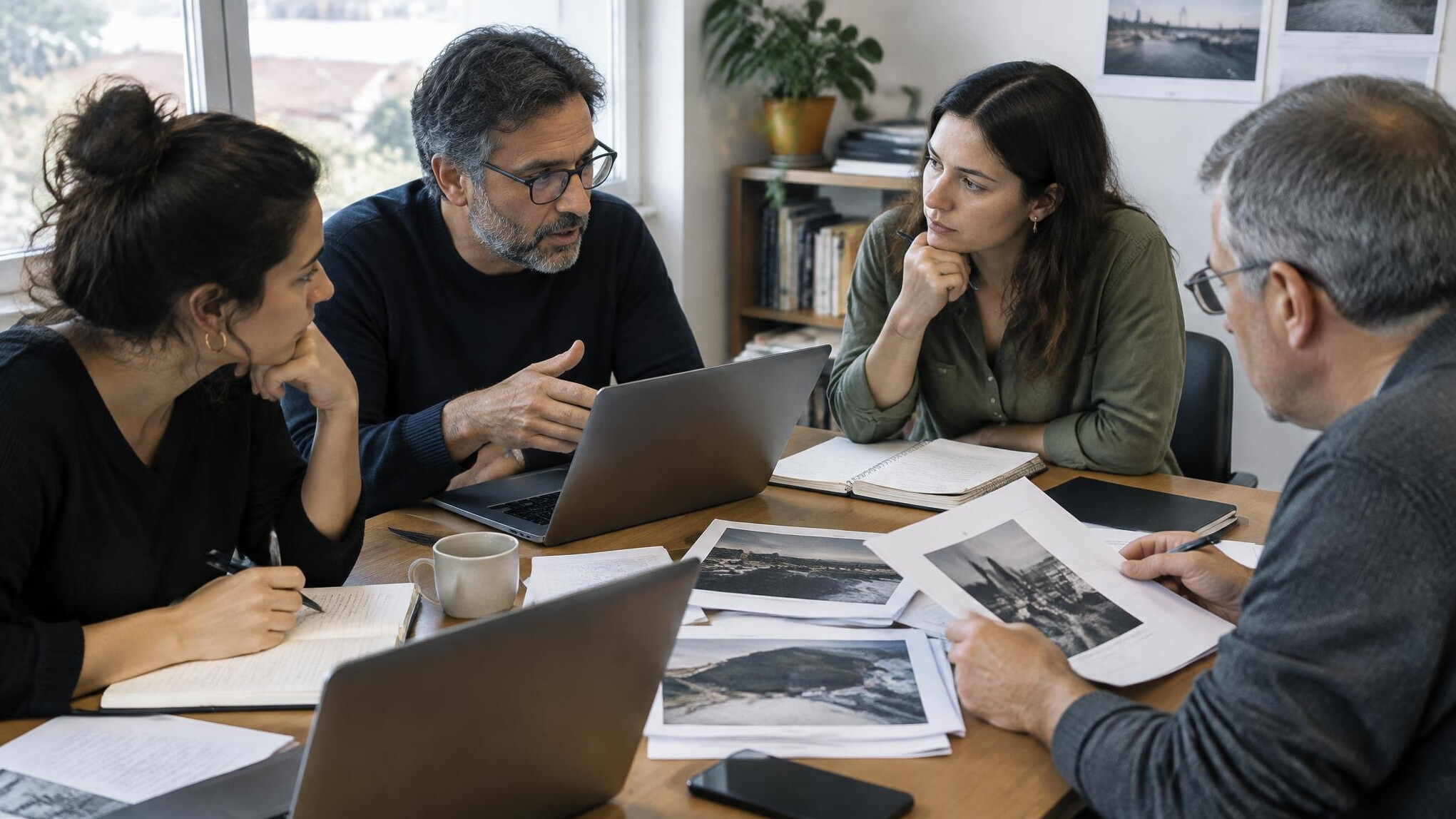 Editorial team meeting around a table with laptops and printed reports