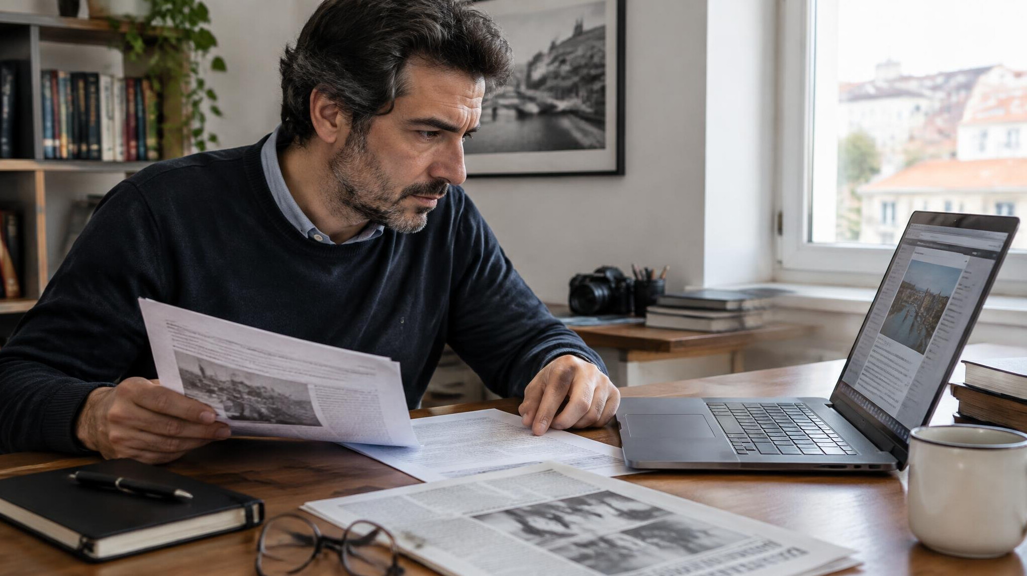 Journalist cross-referencing printed sources with a laptop open on the desk