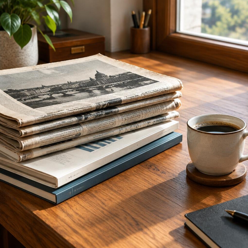 Stack of old newspapers and printed reports on a desk