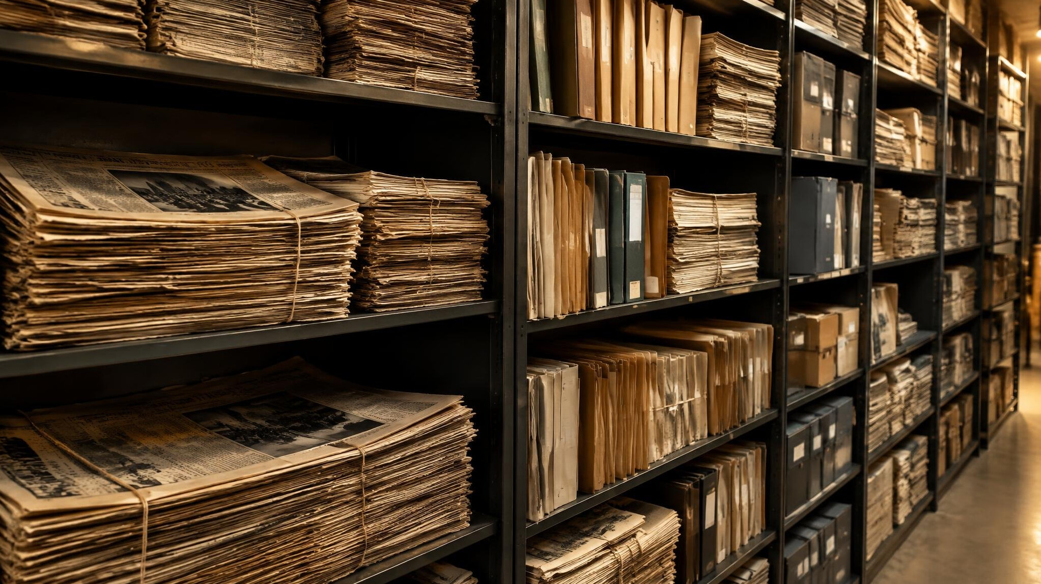 Archive shelves with stacked newspapers and documents