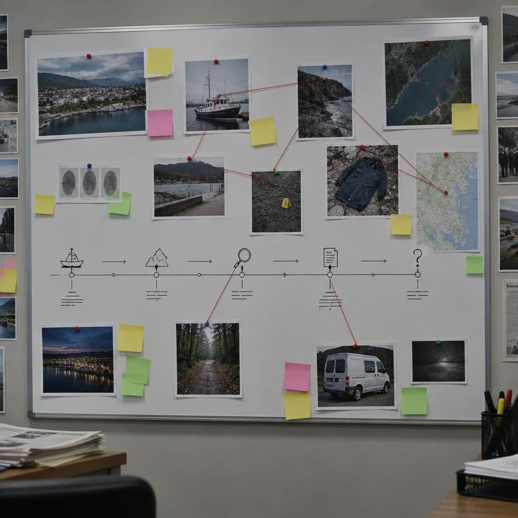 Newsroom whiteboard with sticky notes and a timeline